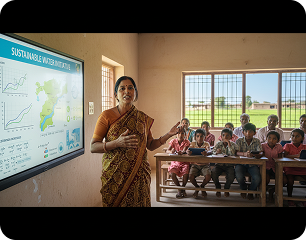 A teacher presenting a sustainable water initiative on a smartboard